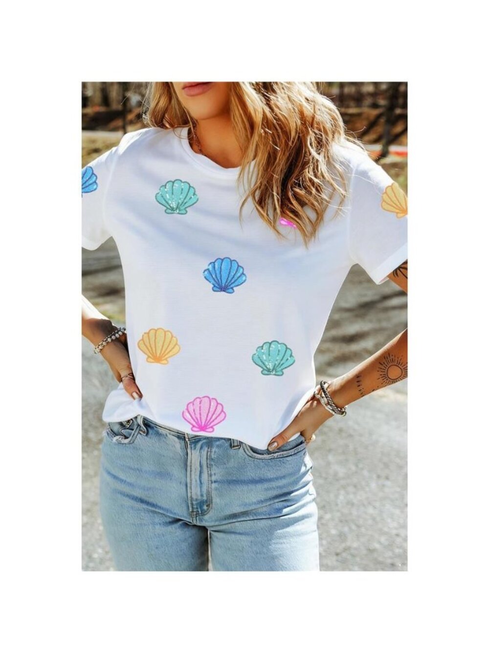 Sequin Shell Graphic Summer Loose T Shirt